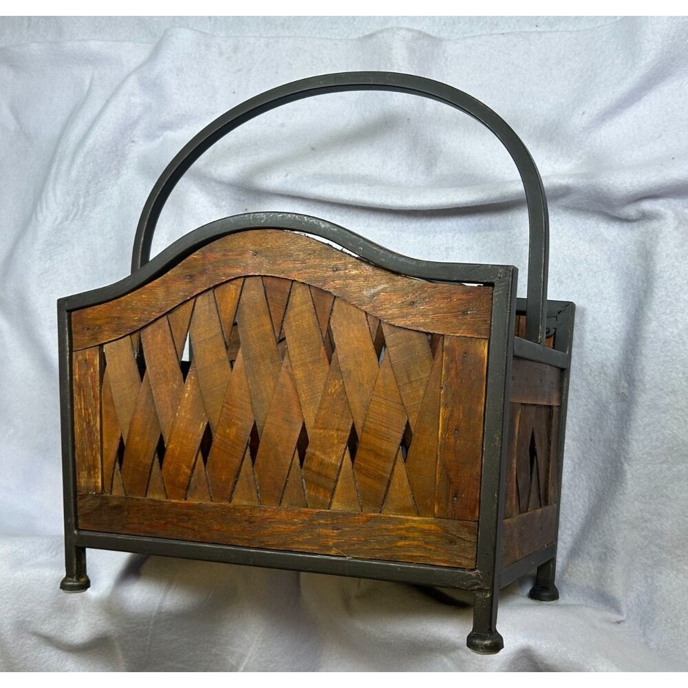 Rustic Wood & Metal Magazine Rack Holder Basket Woven Slat Farmhouse Organizer